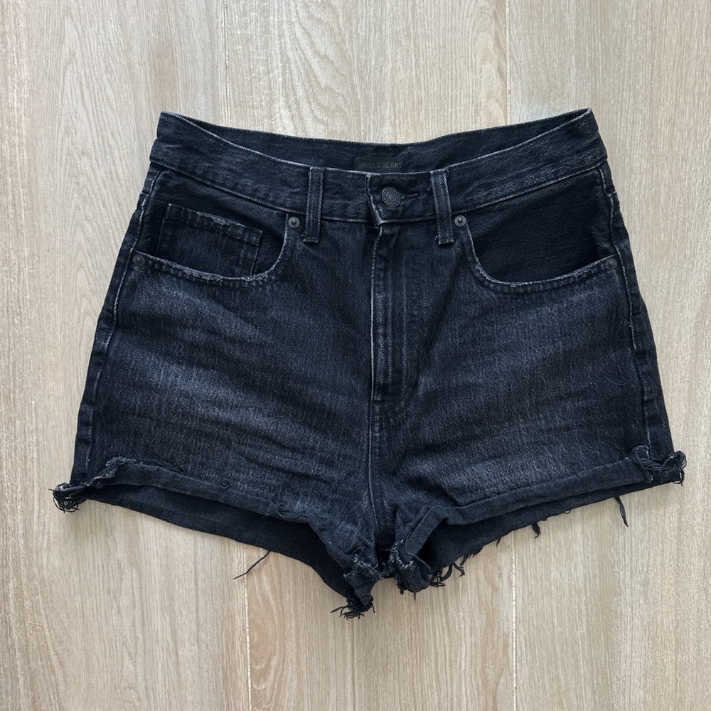 Uniqlo Black Jean Shorts Distressed Cut-Off Style